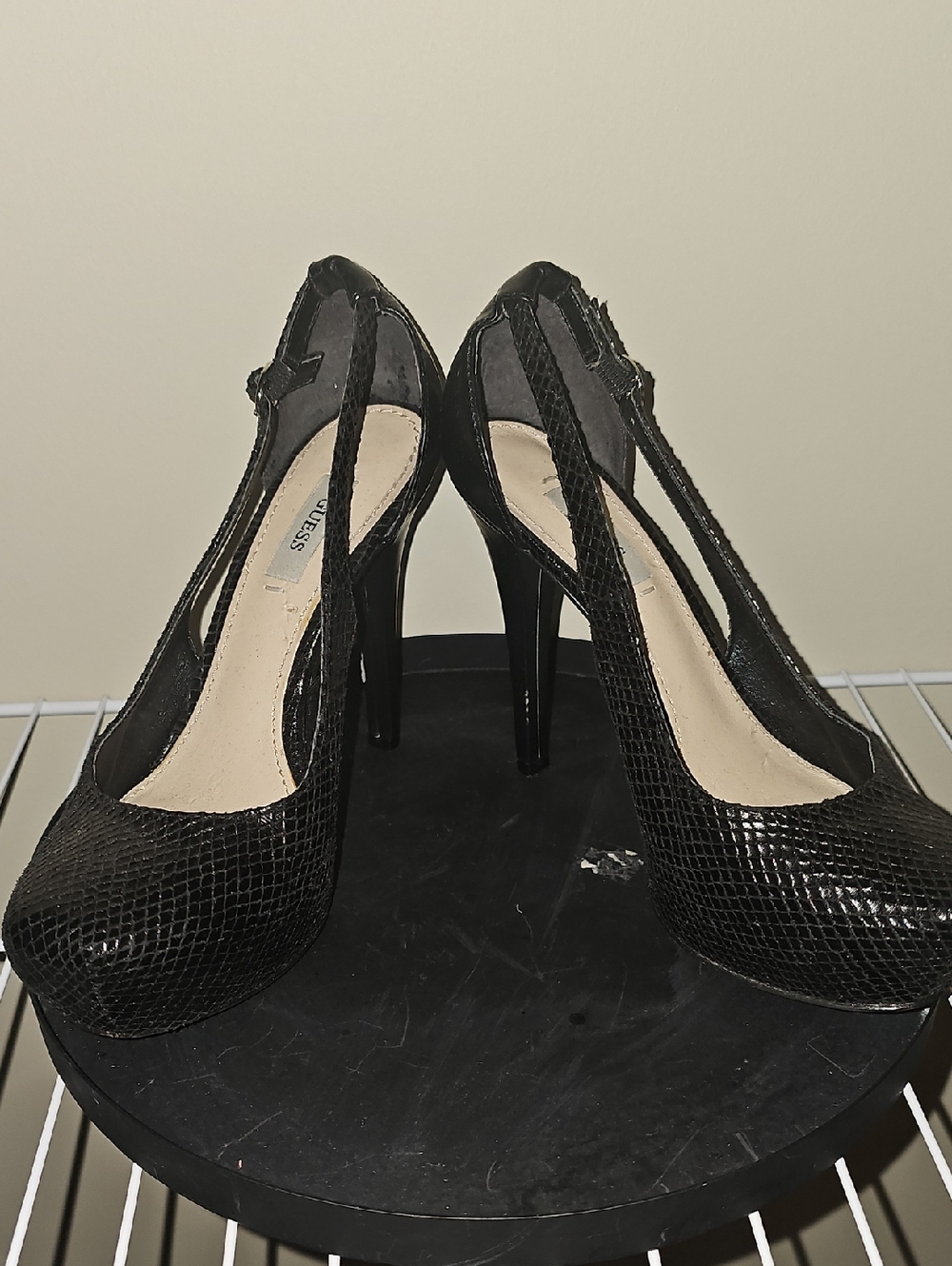 Guess Black Snake-Embossed Slingback Stiletto Heels